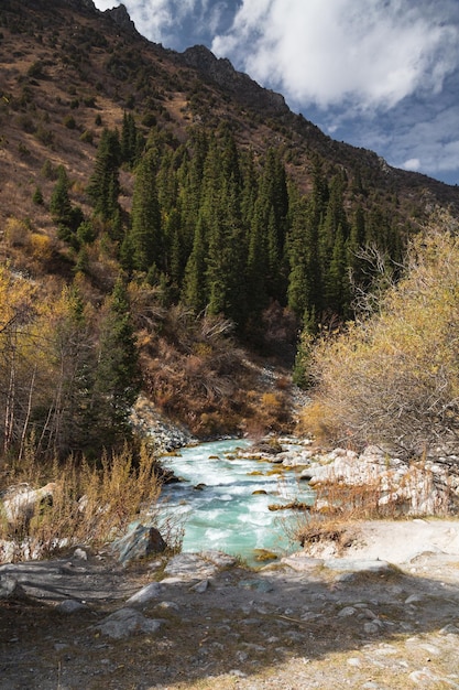 Río glacial fluye a través del paso de montaña Ala Archa en Kirguistán