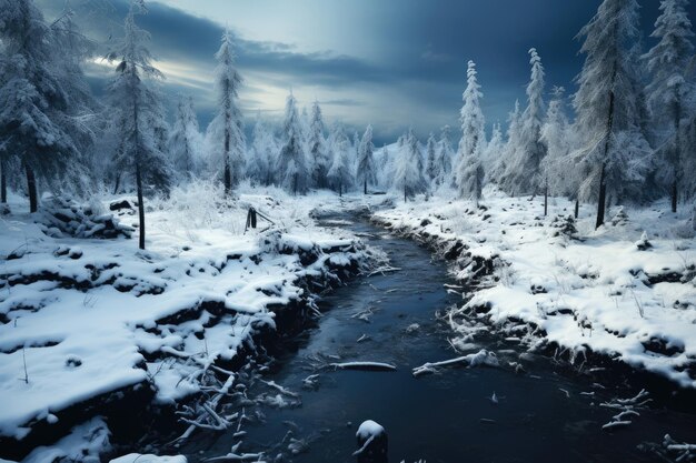 Río helado en un bosque nevado de invierno nieve y hielo en la naturaleza hermoso paisaje de invierno