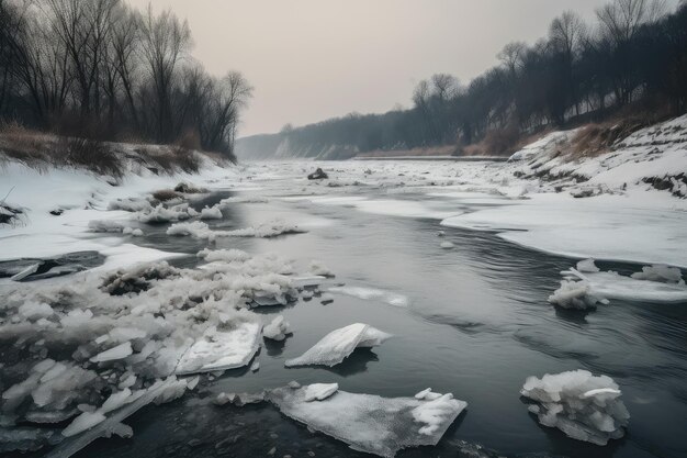 Río helado en medio del invierno con superficie congelada y copos de nieve cayendo del cielo