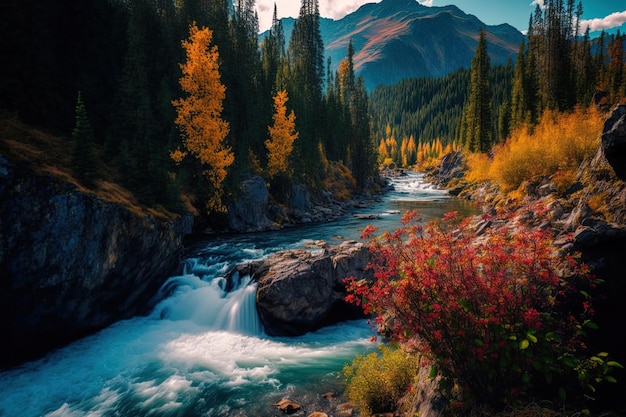 Río durante las horas soleadas de otoño rodeado de flores.