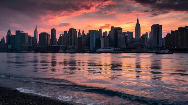 Foto el río hudson al anochecer en la ciudad de nueva york.