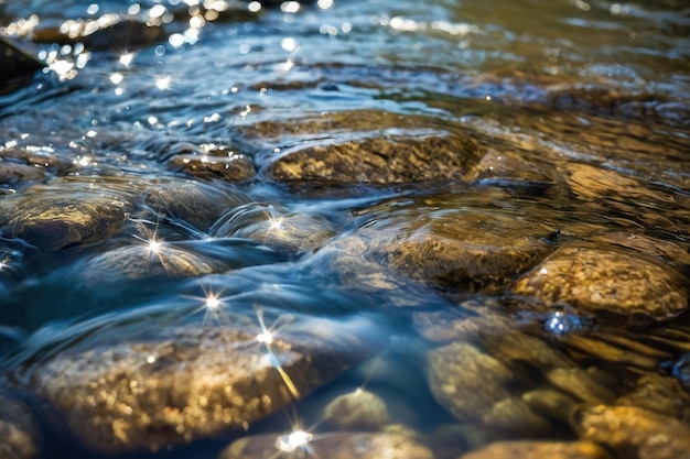 Río iluminado por el sol con agua brillante y rocas