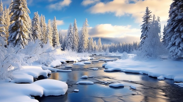 un río en invierno con árboles cubiertos de nieve y un cielo nublado