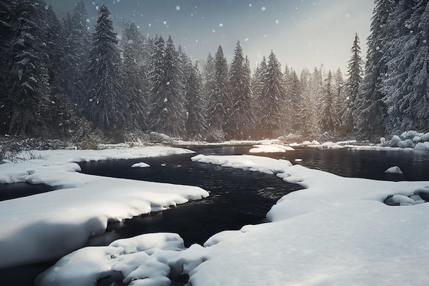 Río en invierno Bosque de abetos nevados Trabajo de arte 3D Fondo de naturaleza espectacular