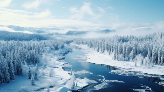 El río de invierno fluye en las montañas Amanecer sobre el paisaje nevado