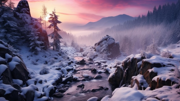 El río de invierno fluye en las montañas Amanecer sobre el paisaje nevado