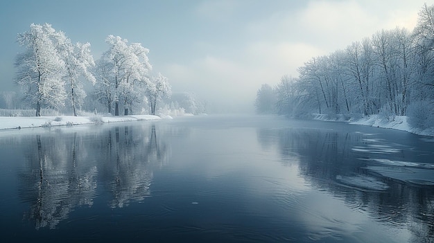 Foto el río invierno una imagen serena con un fondo cubierto de mantas