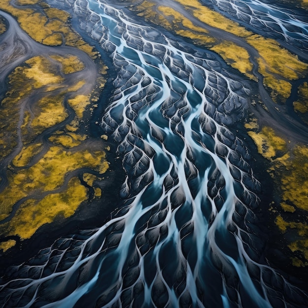 Río de Islandia arriba desde un avión no tripulado Paisaje de Islandia Generativo ai