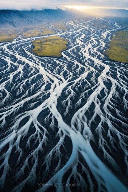 Río de Islandia arriba desde un avión no tripulado Paisaje de Islandia Generativo ai