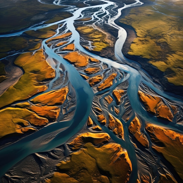 Río de Islandia arriba desde un dron Paisaje de Islandia Ai generativo