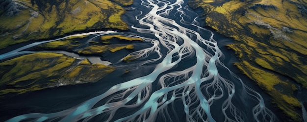 Río de Islandia arriba desde un dron Paisaje de Islandia Ai generativo