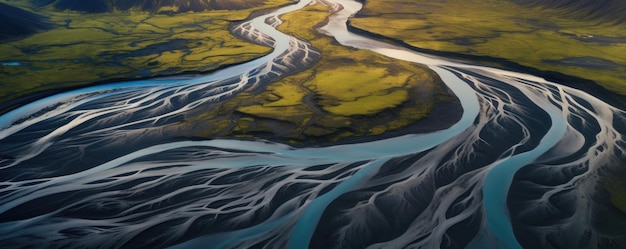 Río de Islandia arriba desde un dron Paisaje de Islandia Ai generativo