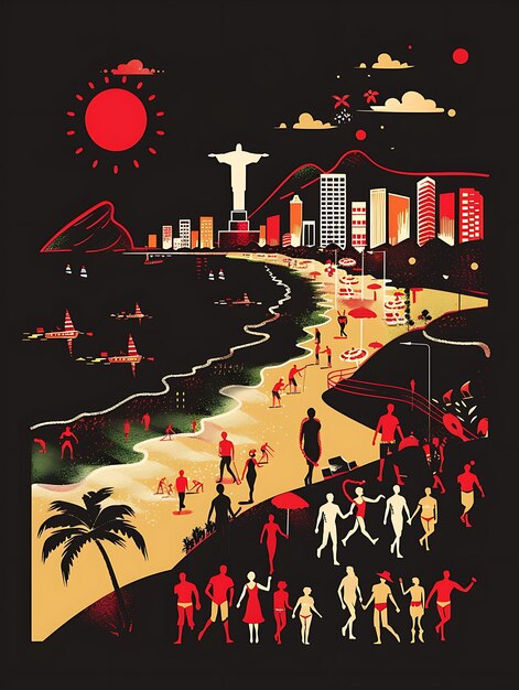 Río de Janeiro con la escena de la calle de la playa y el collage de Copacabana Ipanem contraste concepto de diseño de arte