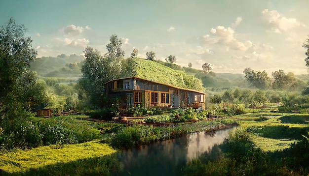 Río del jardín de la casa de madera debajo del cielo azul