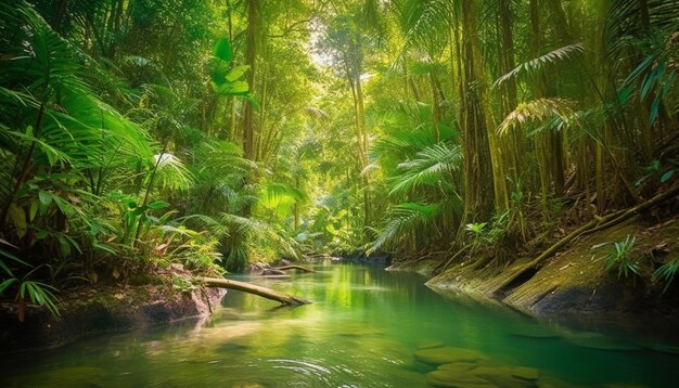 Un río en la jungla con un árbol en el medio.