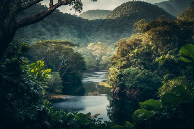 Un río en la jungla con árboles y montañas al fondo.