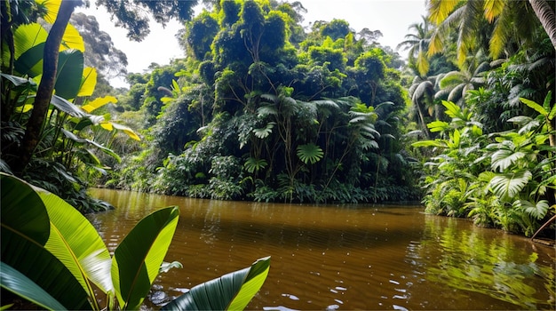 Foto un río en la jungla con una jungla al fondo