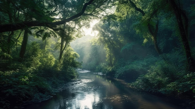 Un río en la jungla con el sol brillando a través de los árboles.