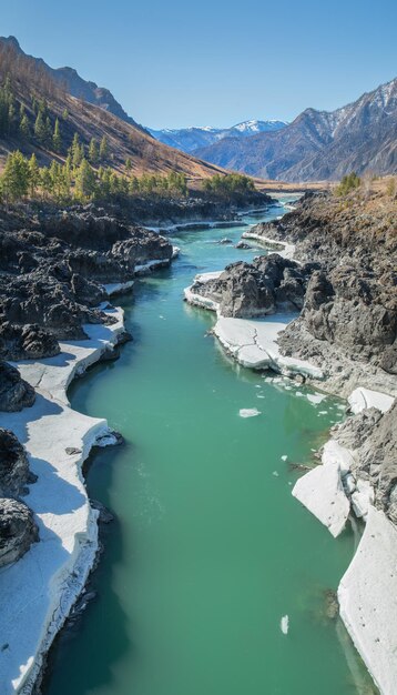 Rio Katun nas montanhas de Altai em viagem de dia ensolarado de abril e foto vertical de férias