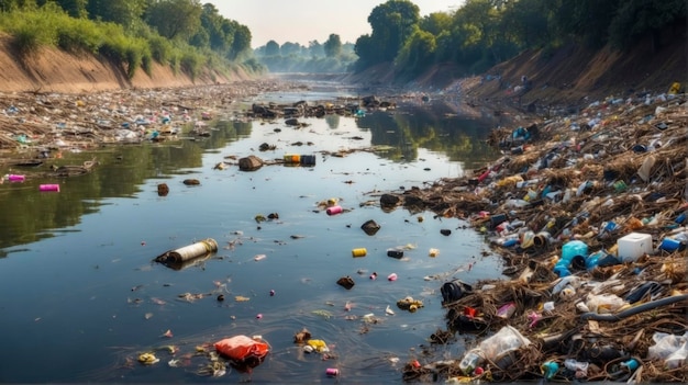 un río lleno de basura y basura al lado de un bosque