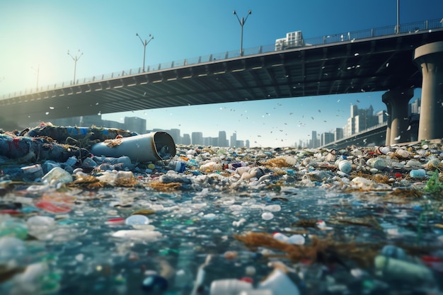 Un río lleno de basura con un puente al fondo.