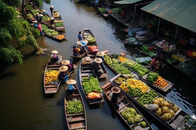 un río lleno de muchos barcos llenos de muchas verduras