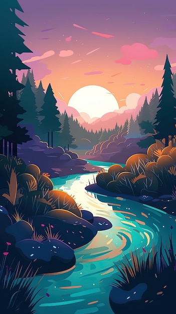 Un río con luna llena y árboles.