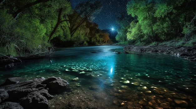 Un río con una luz y la luna al fondo.