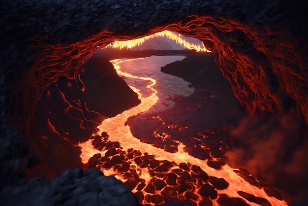 Río de magma en una cueva llena de lava