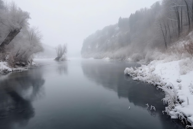 Rio majestoso congelado no inverno coberto de neve e gelo