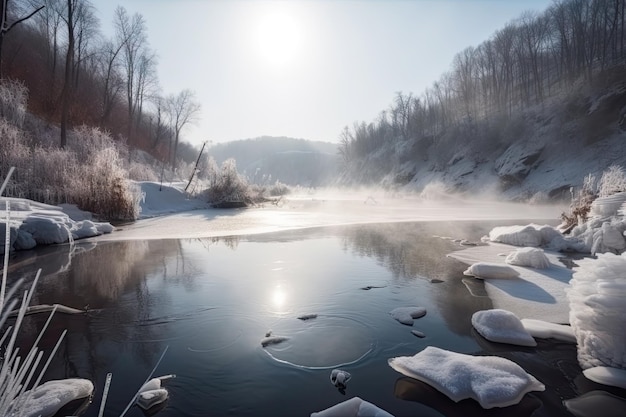 Rio majestoso congelado no inverno coberto de neve e gelo