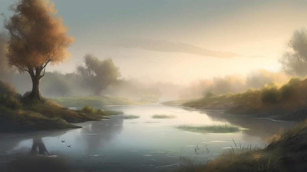 Un río por la mañana con un árbol en el horizonte