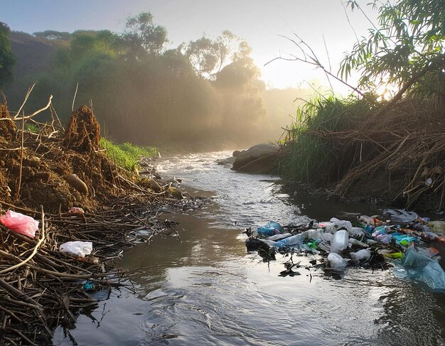 Foto un río por la mañana con un poco de basura