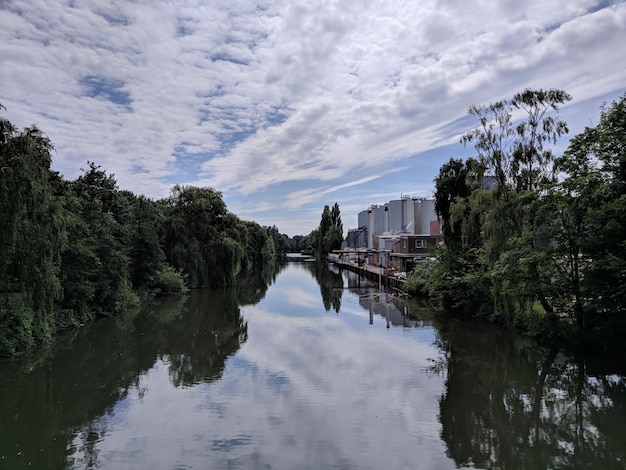 Foto río en medio de árboles y edificios contra el cielo