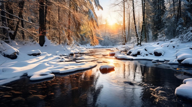 un río en medio de un bosque con nieve en el suelo