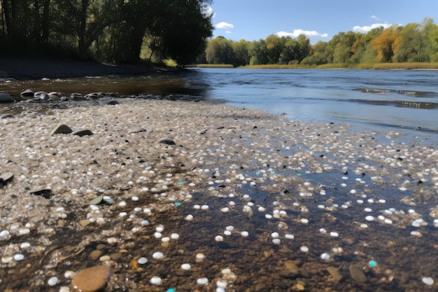 Un río con microplásticos flotando en la superficie creado con IA generativa