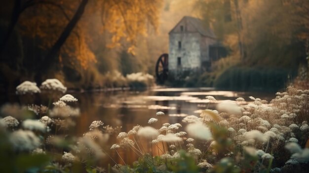 Un río con un molino y un molino al fondo.