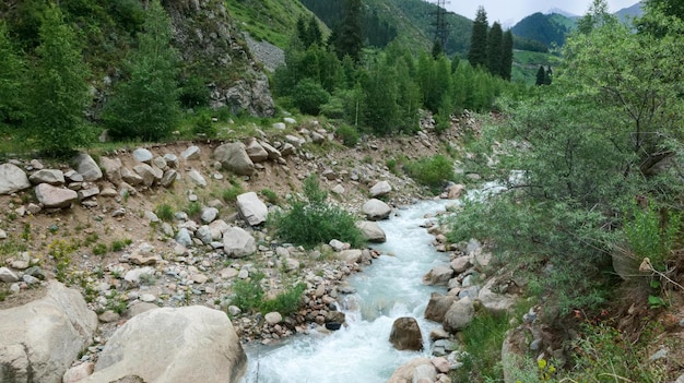 Foto río de montaña con agua azul entre las piedras