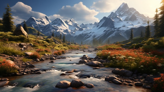 Río en la montaña al atardecer