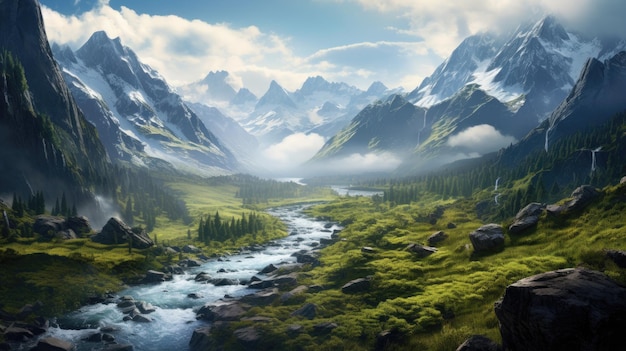 un río de montaña atraviesa un valle con un río y montañas al fondo.