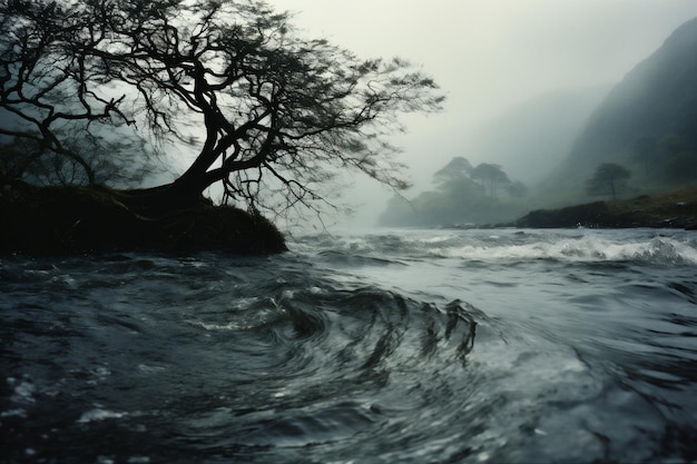 El río de la montaña en el bosque de niebla