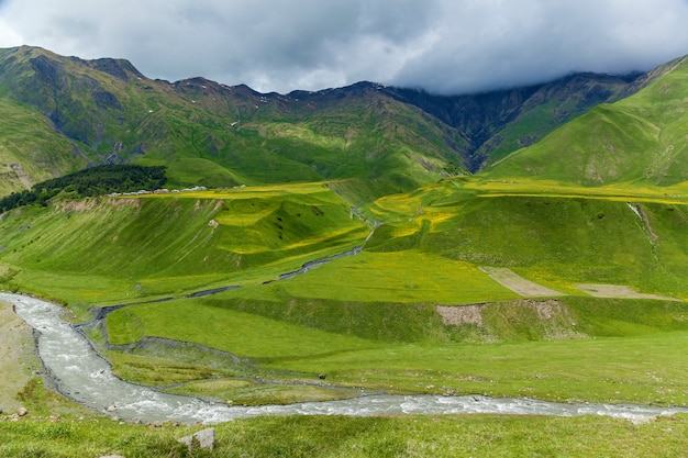 Río de montaña y colinas verdes con flores amarillas bajo la montaña Vistas pintorescas a lo largo de