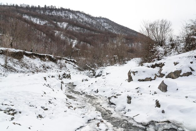 Río de montaña congelado en invierno