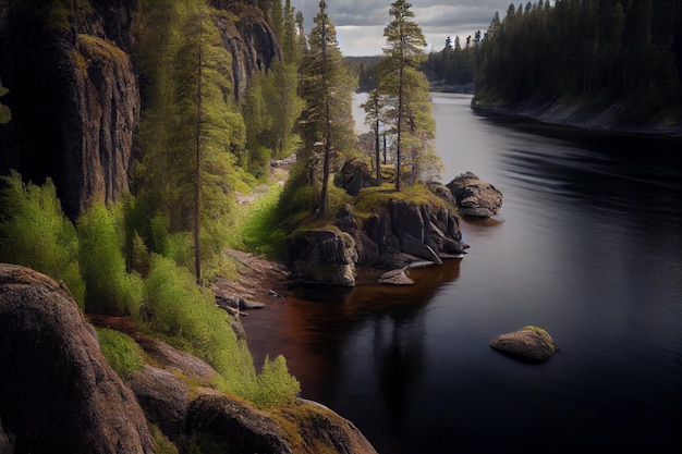 Un río de montaña corre a lo largo de un hermoso paisaje Generado por IA