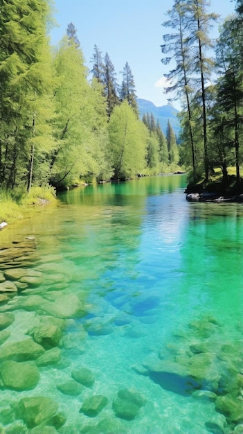 un río con una montaña en el fondo