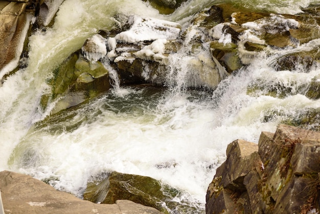 Río de montaña en un hermoso bosque de coníferas verde invierno en las laderas de las montañas Recreación al aire libre en la temporada de invierno