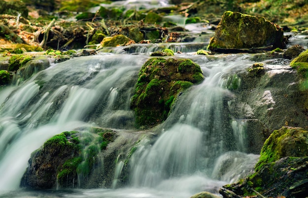 Río de montaña con piedras con agua pura descongelada.