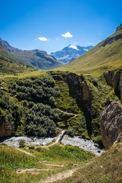 Río de montaña y puente de madera en los Alpes franceses del valle del Parque Nacional de Vanoise