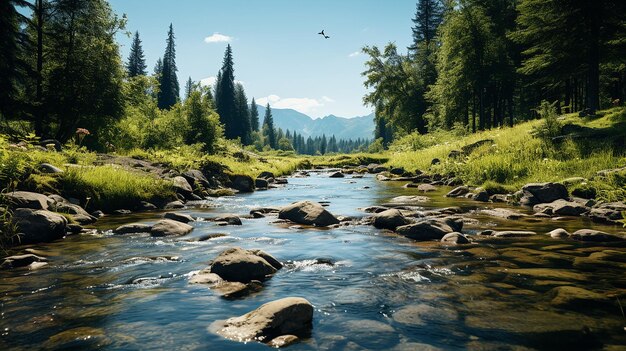 Un río de montaña que cae en cascada a través de un exuberante bosque profundo rodeado de árboles altos