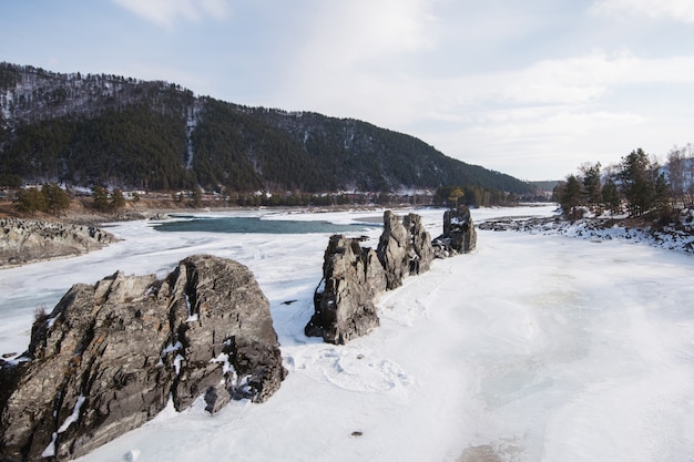 Río de montaña rápida Katun en invierno